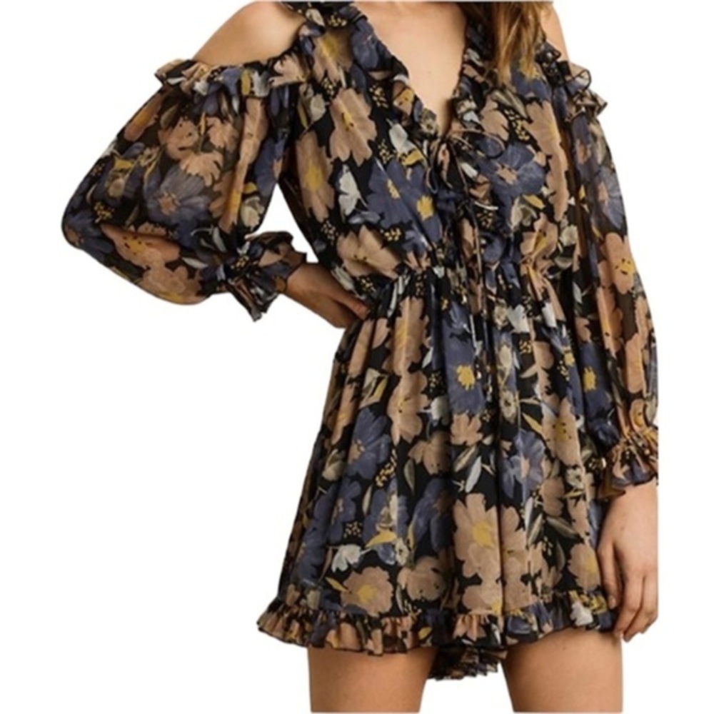 DRESS FORUM LOS ANGELES COLD SHOULDER FLORAL BLACK TAUPE RUFFLED PRINT ROMPER